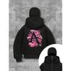 Women's Black Pattern Printed Hooded Zipper Jacket Casual Sportswear with Pink Splash and Handprint Design Urban Style Fashion