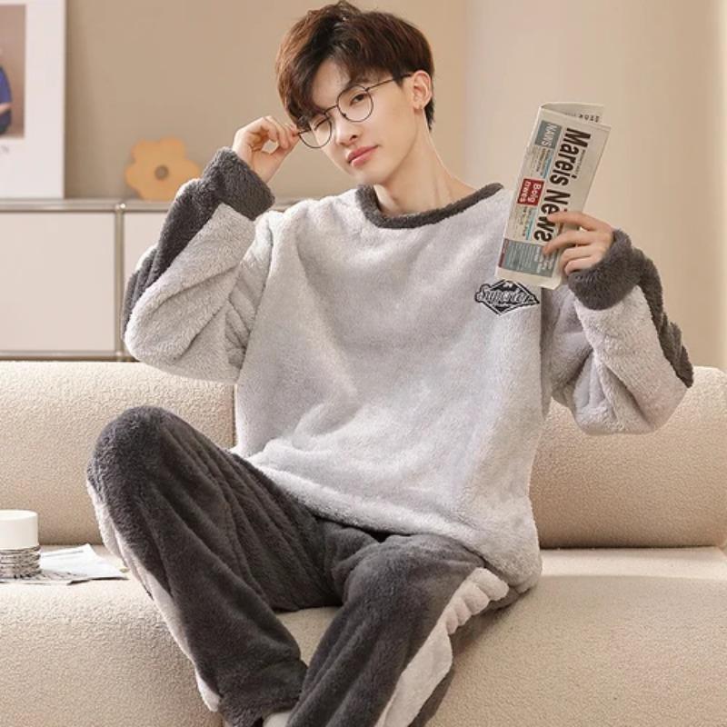 Autumn and Winter Flannel Pajamas Men's Thicken Coral Fleece Youth Student Warm Korean Pijamas Casual Loungewear