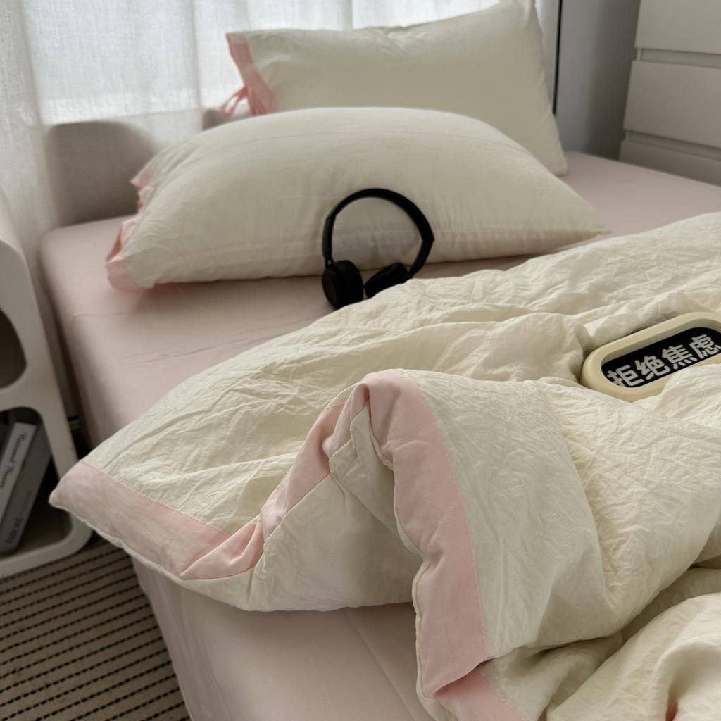 Girl Solid Color Simple Cream Powder Hemming Washed Cotton FourPiece Set Bed Sheet Student Dormitory ThreePiece Bed Hat