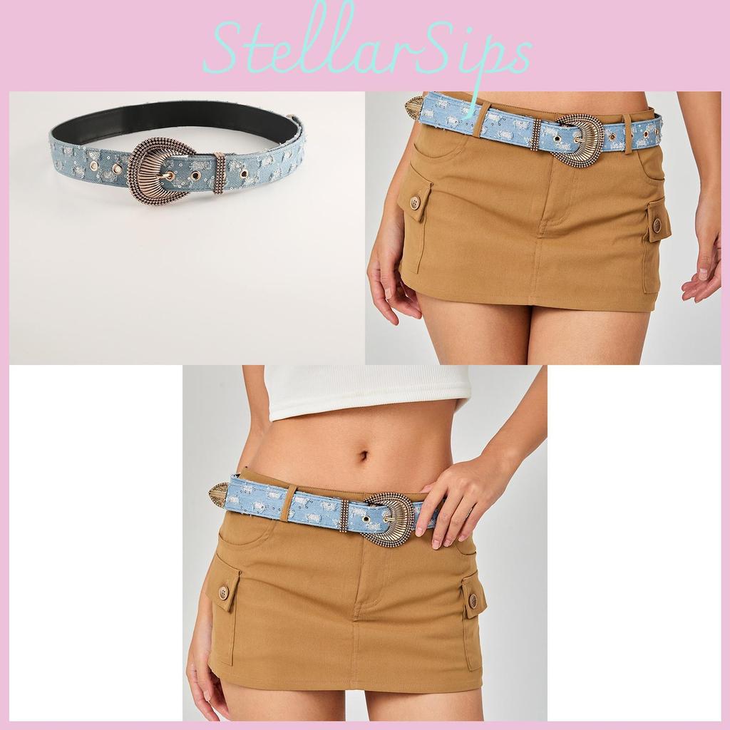 Retro Floral Embossed Denim Belt Unique Leather Belt Decoration Versatile Needle Buckle Belt Trendy Waistband