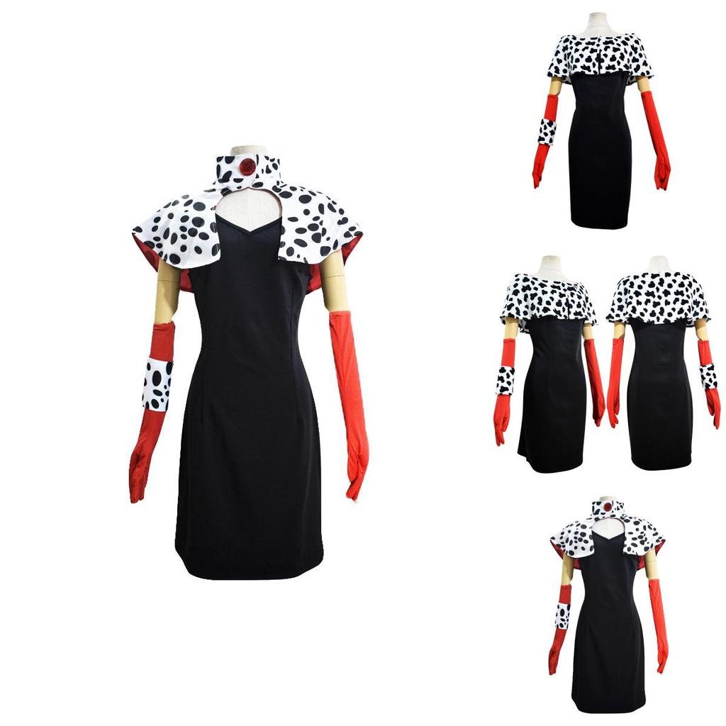 Элегантный и модный женский костюм для косплея злодейки Круэллы Де Виль, полный комплект для Хэллоуина
