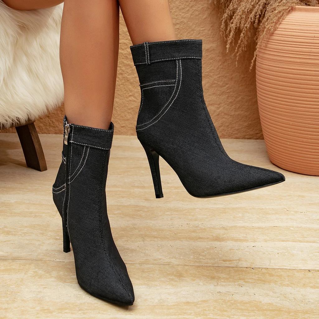 Осенне-зимняя мода женские короткие ботильоны с острым носком на молнии черные ковбойские сапоги на высоком каблуке для женщин