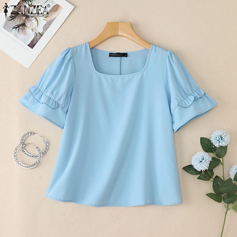 ZANZEA Women Casual Square Collar Loose Summer Short Sleeve Plain Blouse