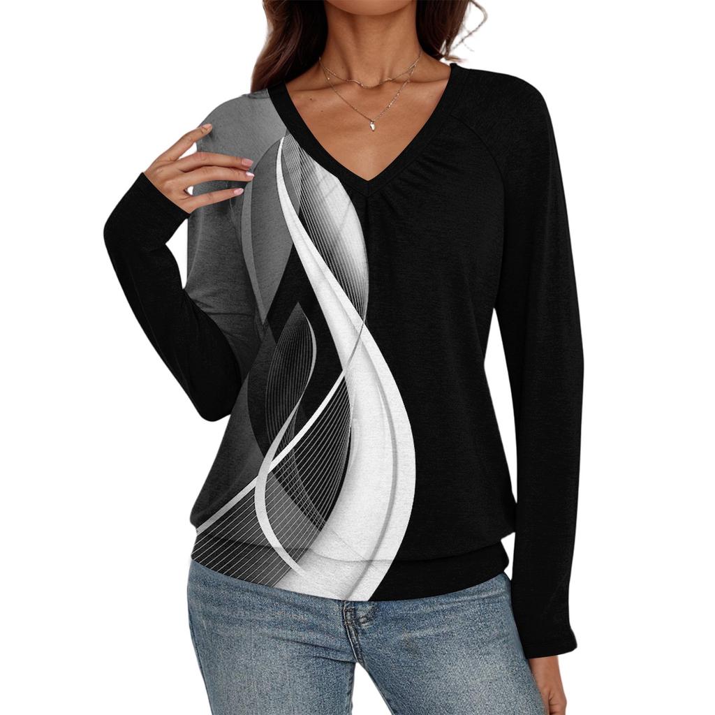 Женский повседневный модный топ с V-образным вырезом, рукавами реглан, плиссировкой и цветочным принтом, с длинным рукавом