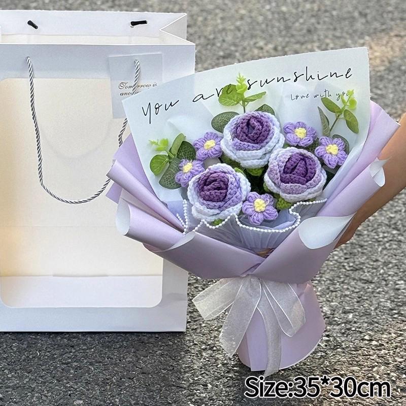 Mother'S Day Crochet Bouquet Finished Hand-Woven Artificial Flower Graduation Season Girl Friends Birthday Bouquet With Gift Bag