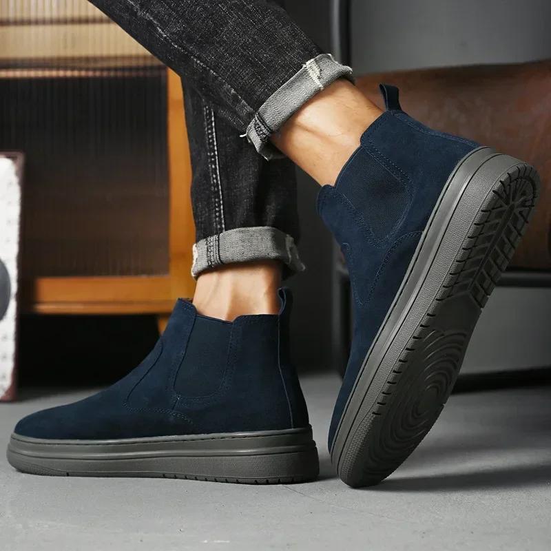 Короткие ботинки из воловьей кожи на плоской подошве, мужские осенне-зимние нескользящие удобные ботинки челси в британском стиле, спортивная повседневная обувь