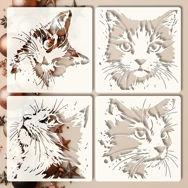 Cat Stencils for Painting Walls 4Pcs Kitten Pattern Hollow Molds Reusable for Home Decor and Scrapbooking DIY Crafts