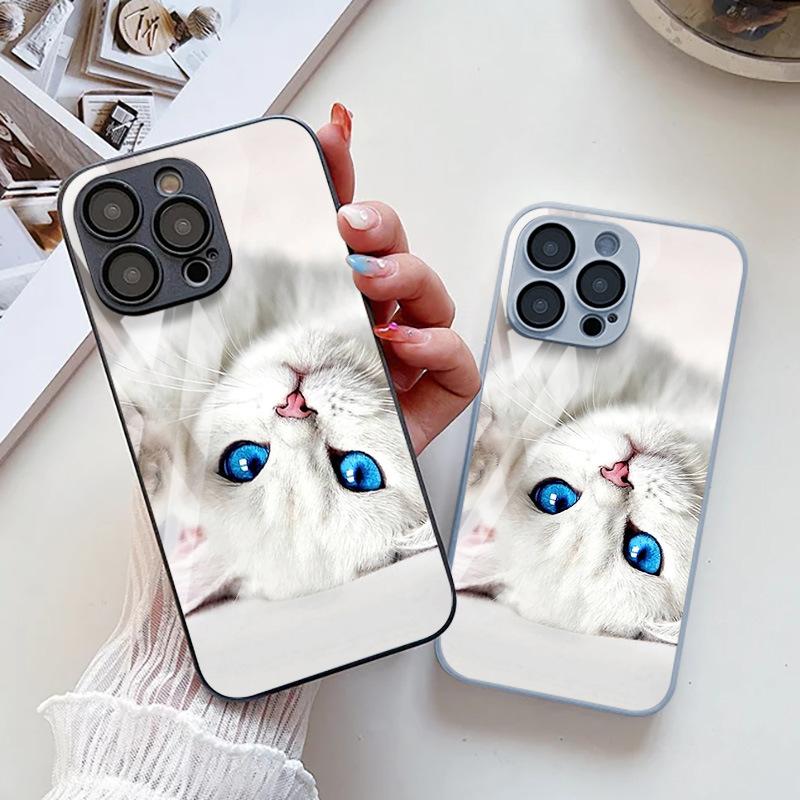 Молочно-голубоглазый кот фуфу подходит для iPhone17ProMax металлическая краска стекло защитный чехол для мобильного телефона все включено доставка