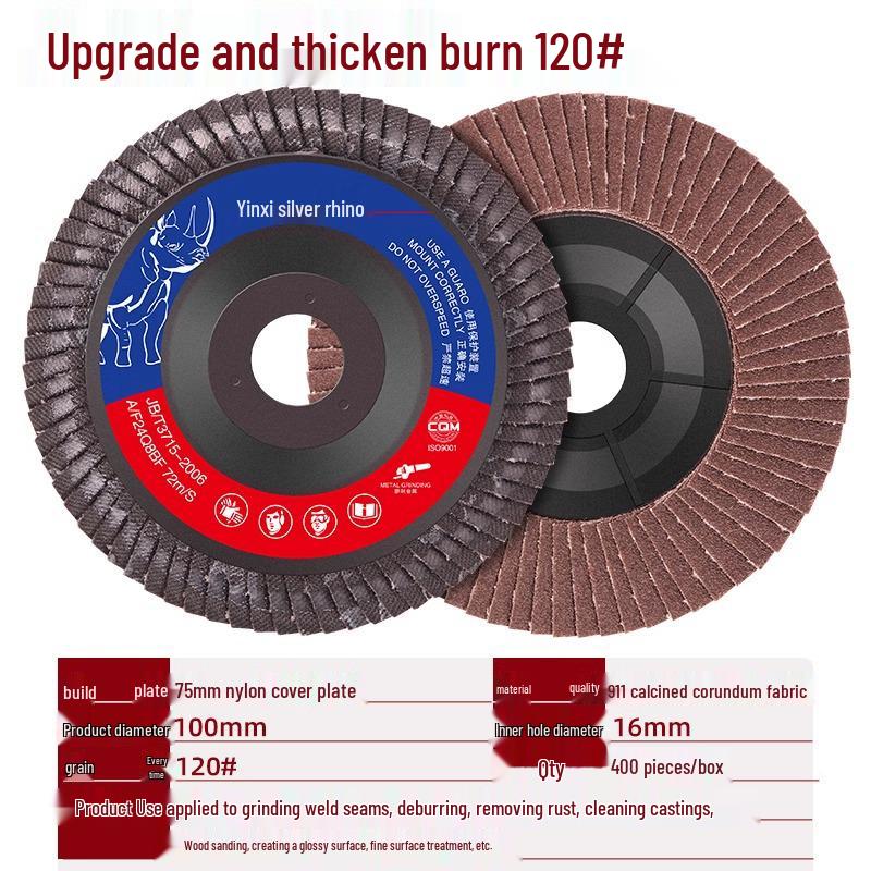 Silver Rhino Thickened Flap Disc: Stainless Steel & Metal Angle Grinder Polishing Wheel with Calcined Abrasive Cloth.