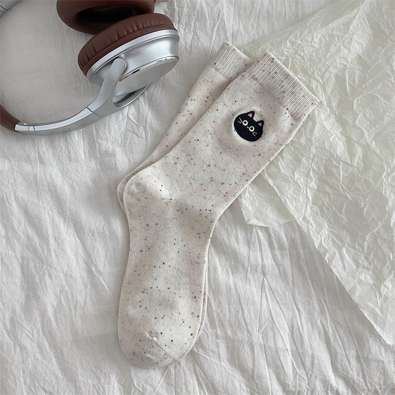 Cute Cat Plush Socks for Women, Spring and Autumn Pure Cotton Cartoon Illustration Mid-calf Socks, Polka Dot Yarn Heart-shaped Pile Socks