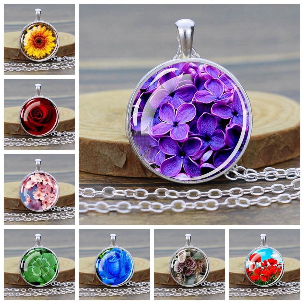 Flower Necklaces Rose Lotus Poppy Cherry Blossoms Sunflower Chains Necklace for Women Glass Cabochon Pendant Jewelry Lover Gift