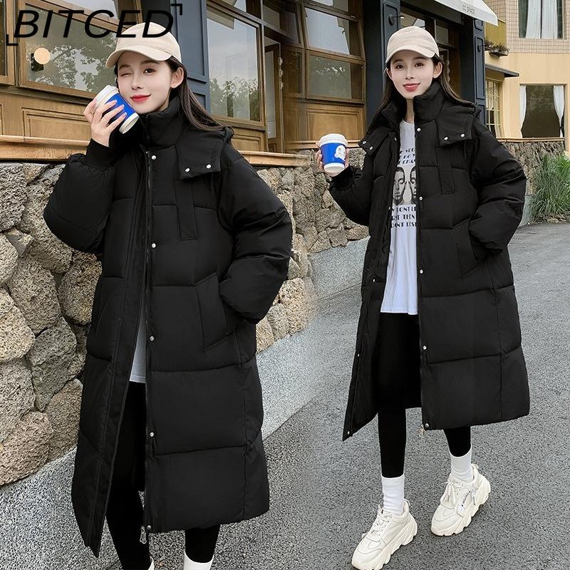 BITCED Long Down Jacket with Quilted Cotton Lining - Women's Loose-Fit Winter Coat - Thickened Cotton-Padded Outerwear