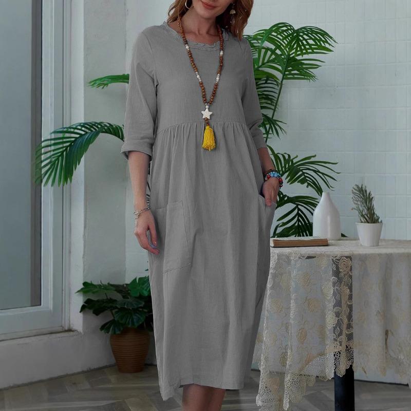 Women's Mid-length Dress Women's Solid Color Short-sleeved Round Collar