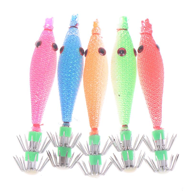 5Pcs 7cm Artificial Fluorescent Fishing Lures Squid Hook Jigs Cuttlefish Jigs Bait Spinnerbait Wood Shrimps Sea Fishing Tackle