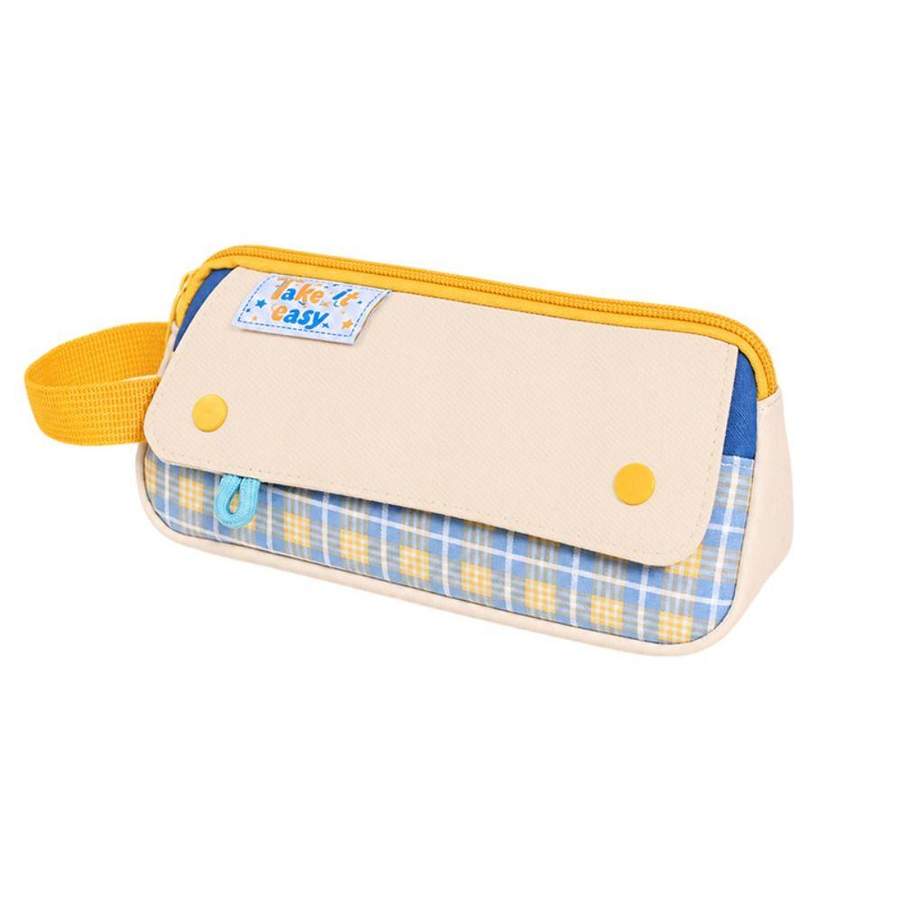 Simple Plaid Style Pencil Case Large Capacity Stationery Organizer Handheld Pen Bag Gifts