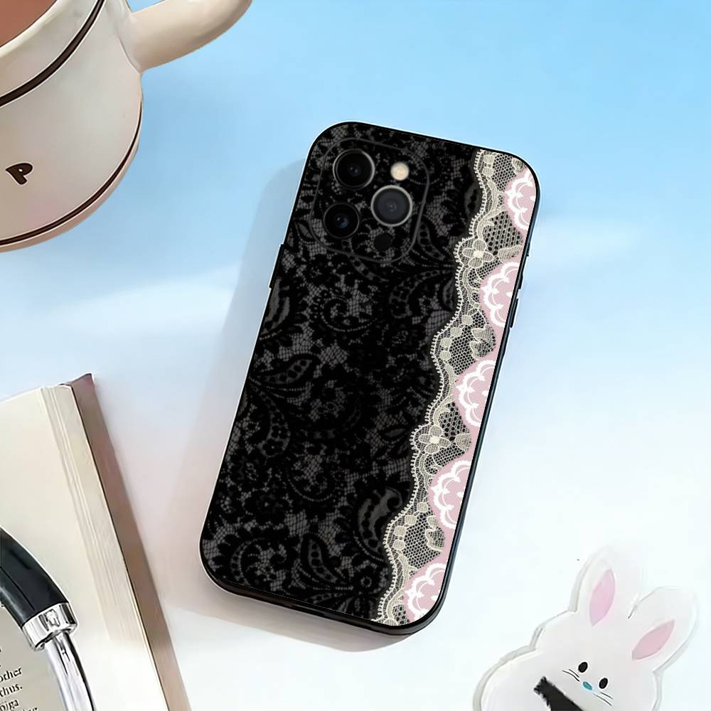 Элегантный черный дизайн с кружевным принтом Чехол для телефона Для iPhone 17,16,15,14,13,12,11 Plus,Pro Max,XS,Мягкий силиконовый черный чехол