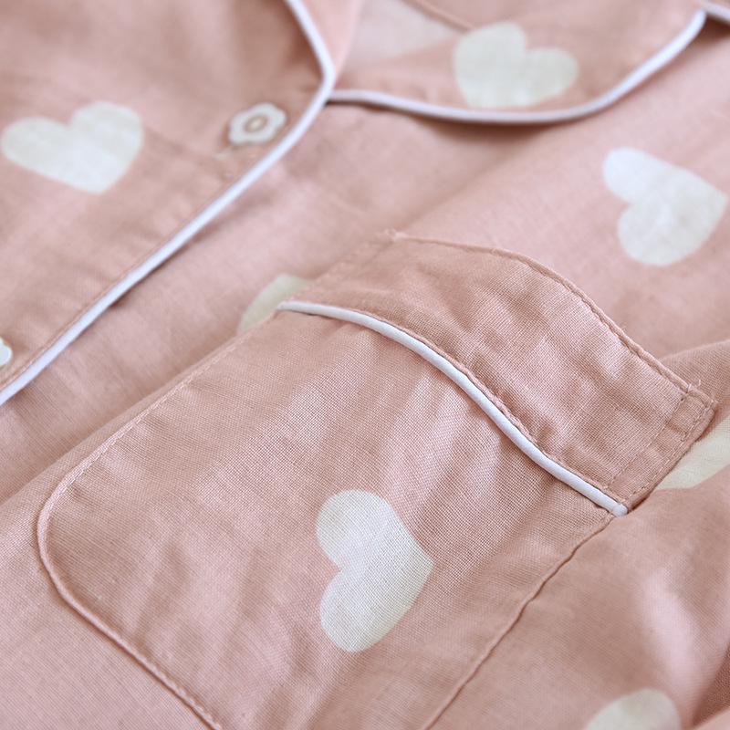Women's Long Sleeve Cotton Pajamas - Heart Pattern, Double Layer Gauze, Sweet & Cozy Homewear Set for Spring/Autumn