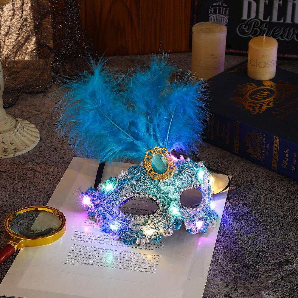 Rhinestone LED Glowing Mask Plastic Venice Masquerade Mask Creative Feather Mask  Halloween