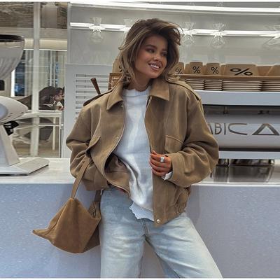 Модные утепленные куртки Женские Свободные с лацканами Длинные рукава На молнии Эластичная резинка Пальто 2025 Осень Новые Женские Повседневные Однотонные Верхняя одежда