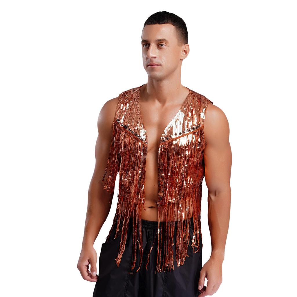 Мужской блестящий ковбойский жилет с пайетками, открытый спереди, с кисточками и заклепками, блестящая западная жилетка для диско-клубов в стиле 70-х