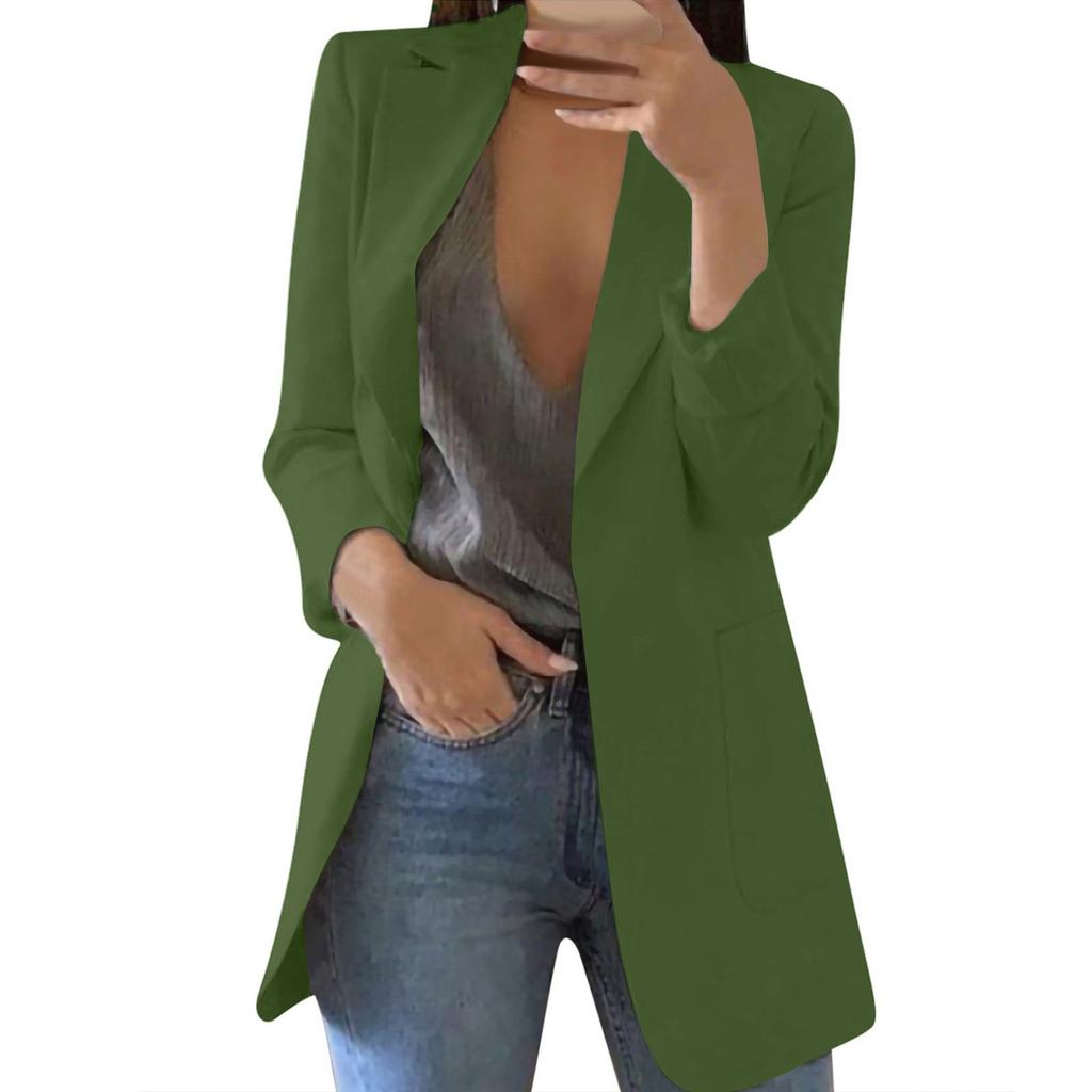 Women Solid Open Front Pockets Cardigan Formal Suit Long Sleeve Blouse Coat