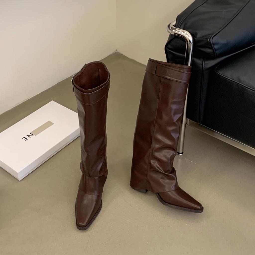 Autumn and winter new thick heel pointed belt buckle piled boots temperament leather surface but knee boots women