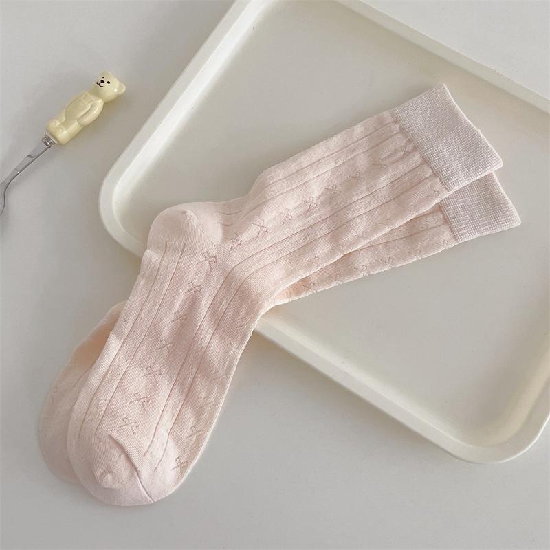 Women's Summer Thin Dark Grain Breathable Cotton Bow In The Tube Stack Socks