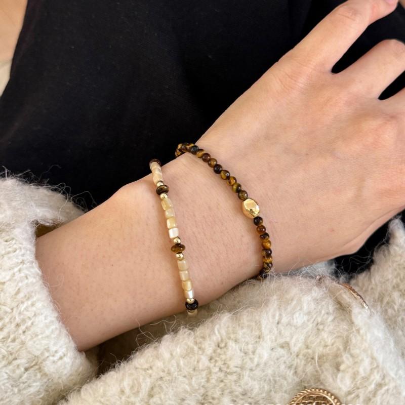 Minimalist Geometric Layered Bracelet Set With Tiger Eye Stone Natural Shell Beads Women