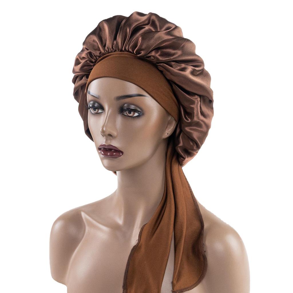 Satin Nightcap with Wide Elastic and Long Tail - Extra Large Women's Ribbon Shower Hat