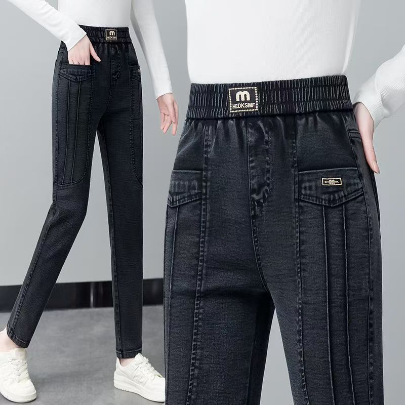 Женские джинсы Mom с высокой талией, свободного кроя, повседневные джинсовые брюки, весна, осень, модные, эластичные, для среднего возраста, брюки Харлан