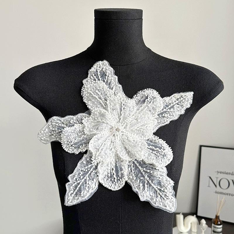 1PC DIY Sequin Beaded Clothing Accessories Patches Decorative Lace White Multi Layered High Quality
