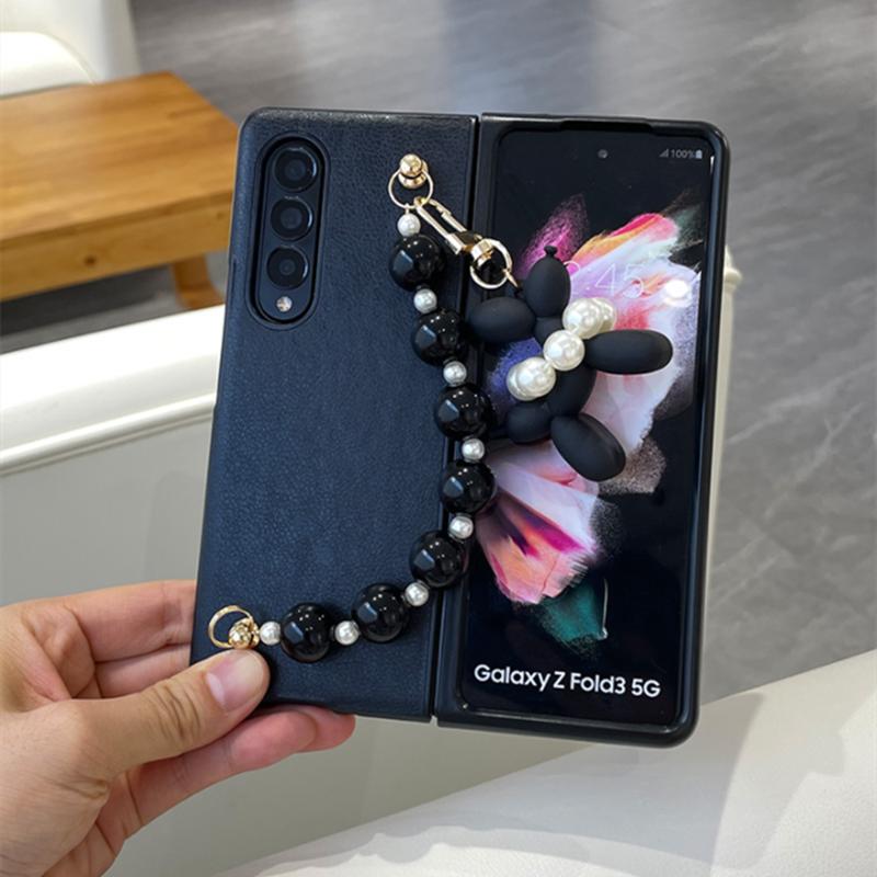 Luxury Fashion Cute Diy Flower Pearl Hand Chain Bracelet Case Cover For Samsung Galaxy Z Fold 3 2 5g Zfold 4 Leather Back Fundas