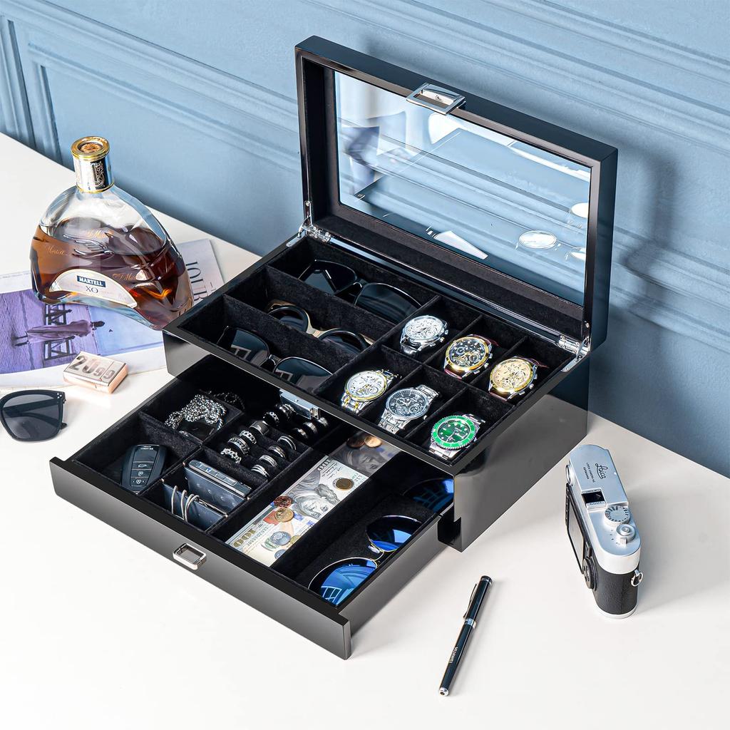 ProCase Роскошная деревянная витрина для ювелирных изделий, часов и солнцезащитных очков с прозрачной стеклянной крышкой и большой вместимостью, идеальный подарок, мужская шкатулка, 2-ярусный ящик,