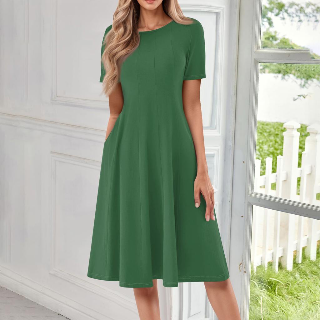 Женское повседневное и модное платье с круглым вырезом и коротким рукавом, однотонное, средней длины