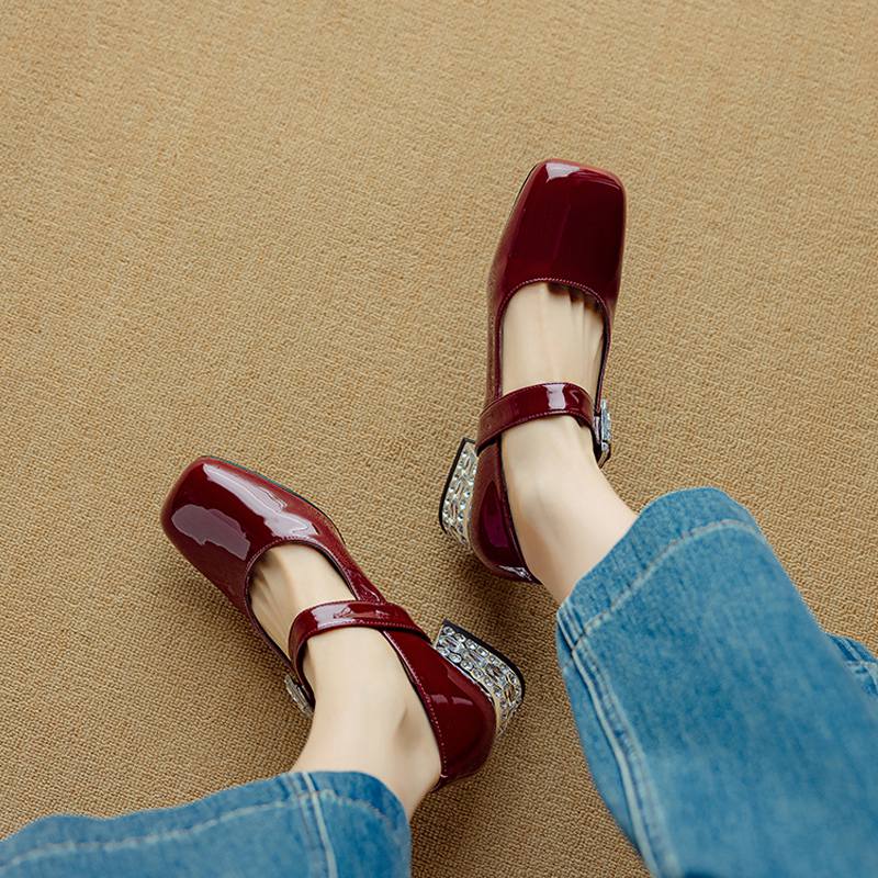 Krazing Pot Летние туфли из овчины размера 41 на среднем каблуке, Мэри Джейн с хрустальной пряжкой, квадратный носок, каблуки с бриллиантами, туфли-гладиаторы