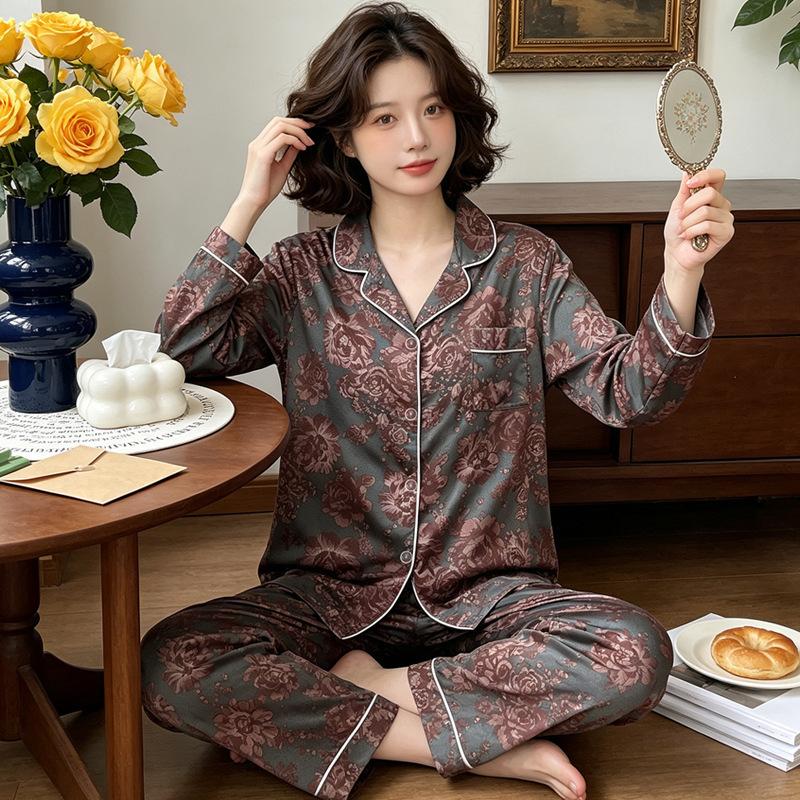 High-end new sweet bow polka dot ice silk cool pajamas women's loungewear long-sleeved trousers two-piece set
