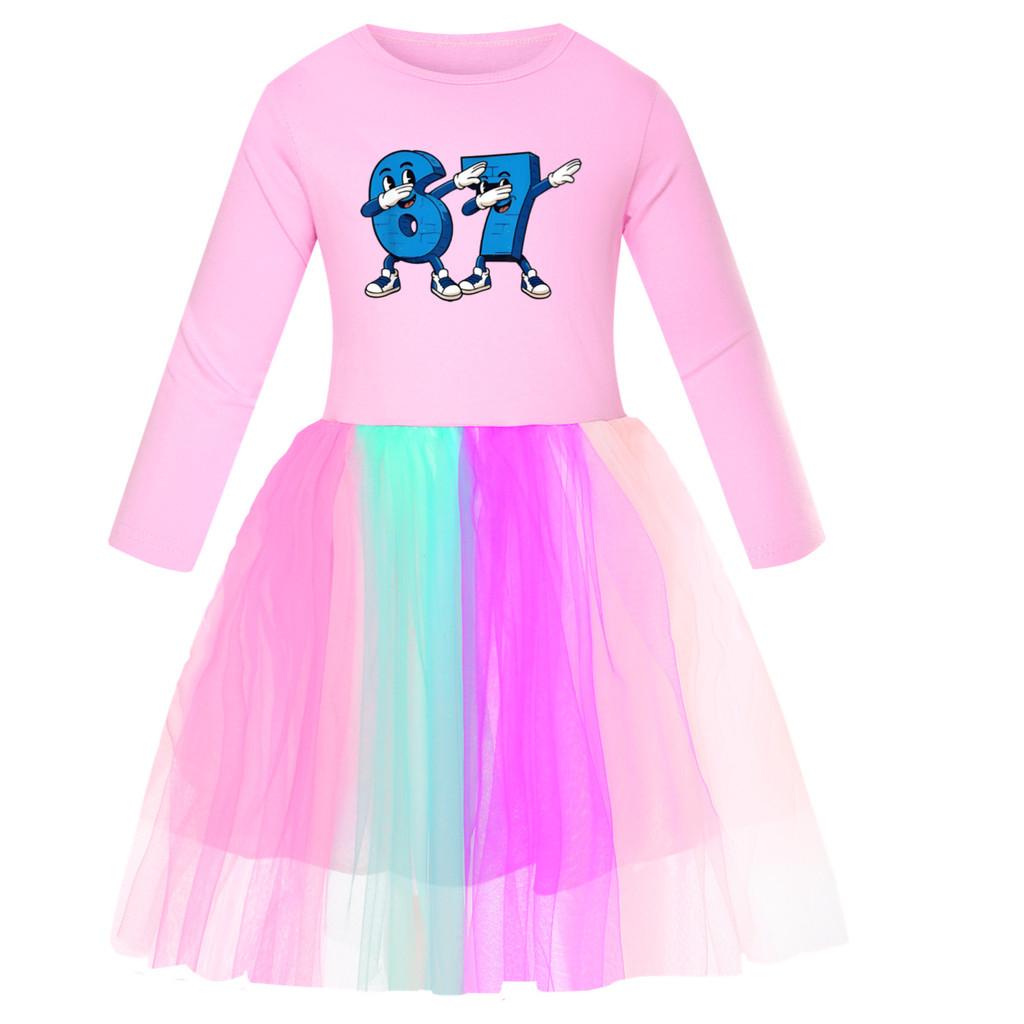 5226 Детское платье для девочек Steal a Brainrot 67 Six Seven с принтом, сетчатой тканью, радужным круглым вырезом, повседневное, из хлопка