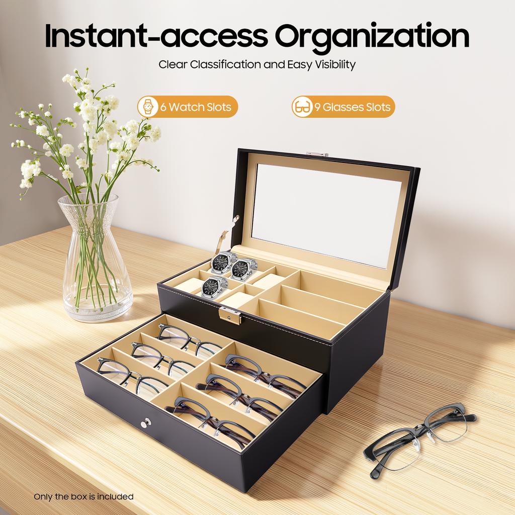 Винтажная коробка для часов для мужчин с замком, органайзер для хранения 6 часов и 9 очков, деревянный дисплей из ПУ кожи, подарок для коллекционера