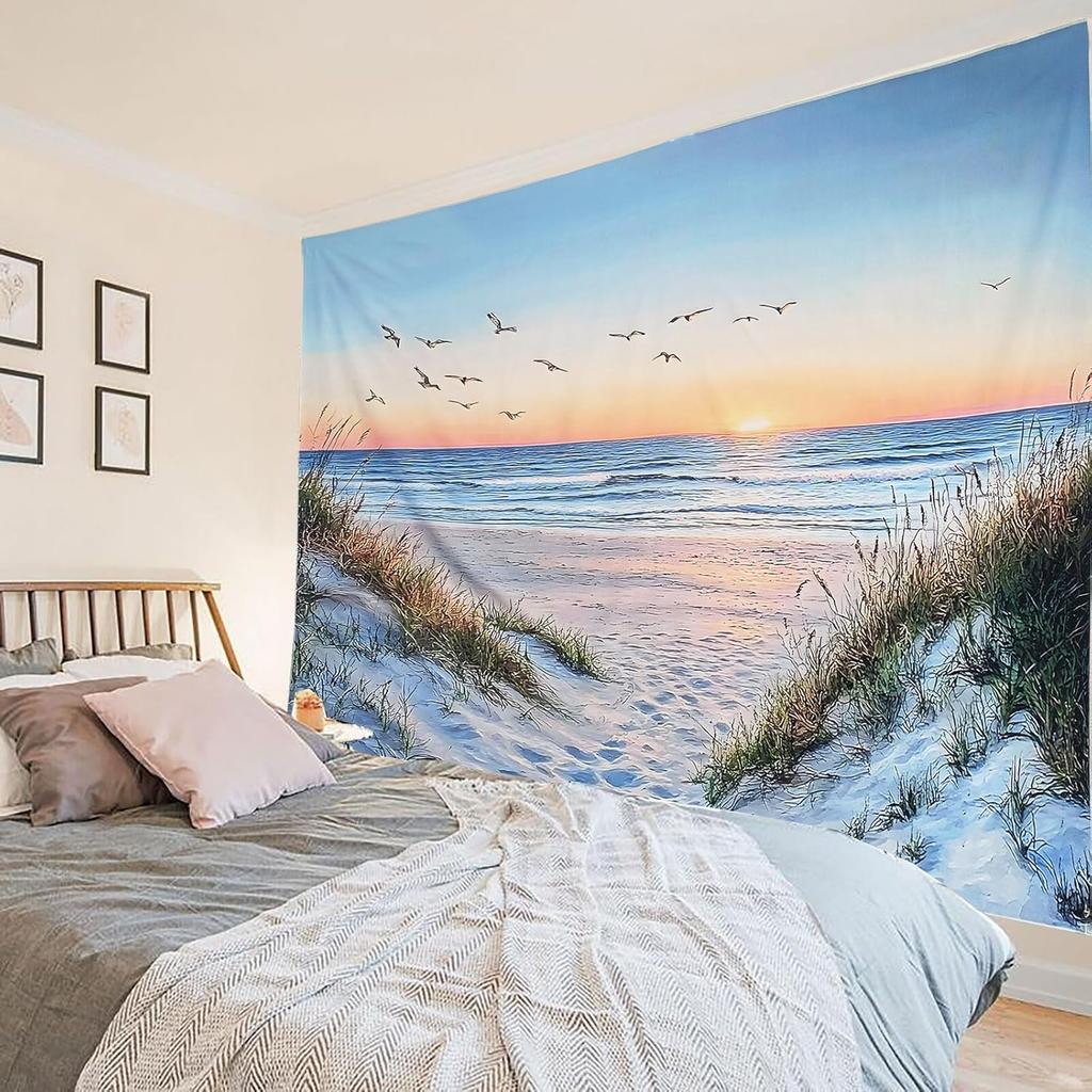 Sea Sunset Seabird and Beach with Grass Tapestries Natural Landscape Tapestry Aesthetic for Bedroom Living Room Office Decor