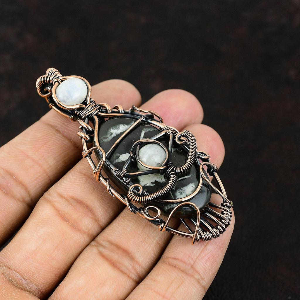 Подвеска из марокканской грязи с трещинами, ископаемая, обернутая медной проволокой, драгоценный камень, подвеска ручной работы, подвеска из радужного лунного камня, украшение от сглаза в подарок