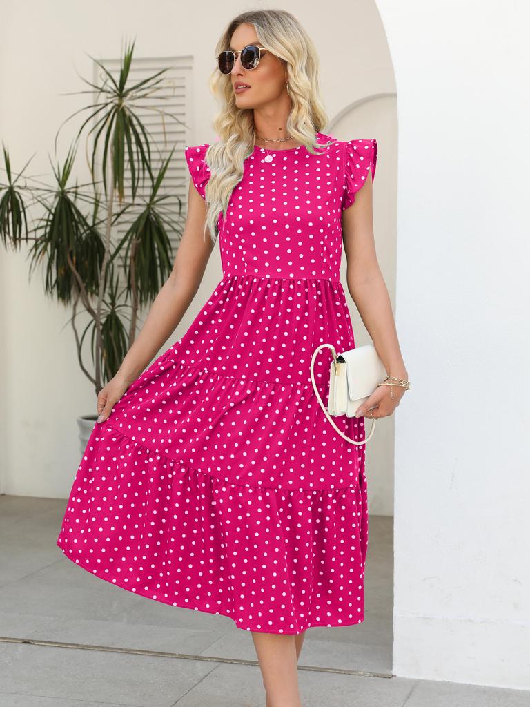 Polka Dot Print Summer Women Long Dress Round Neck Ruffled Sleeveless