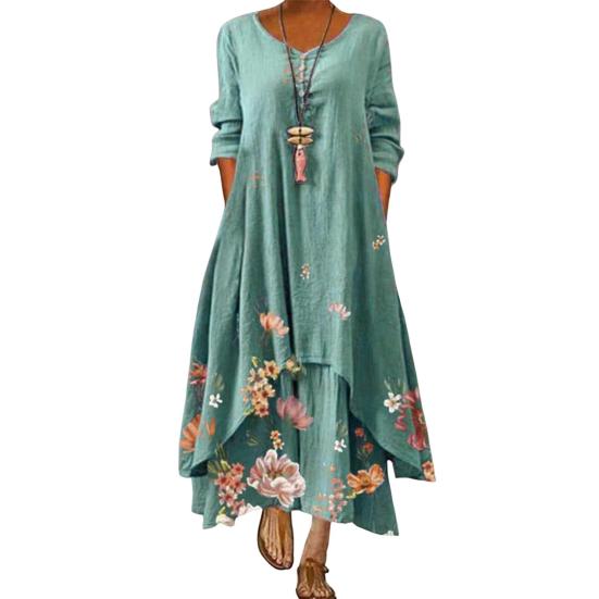 Spring Fall Dress with Pockets Vintage Flower Printing Irregular Layerd Hem Loose A-line Maxi Dress for Daily Work Party