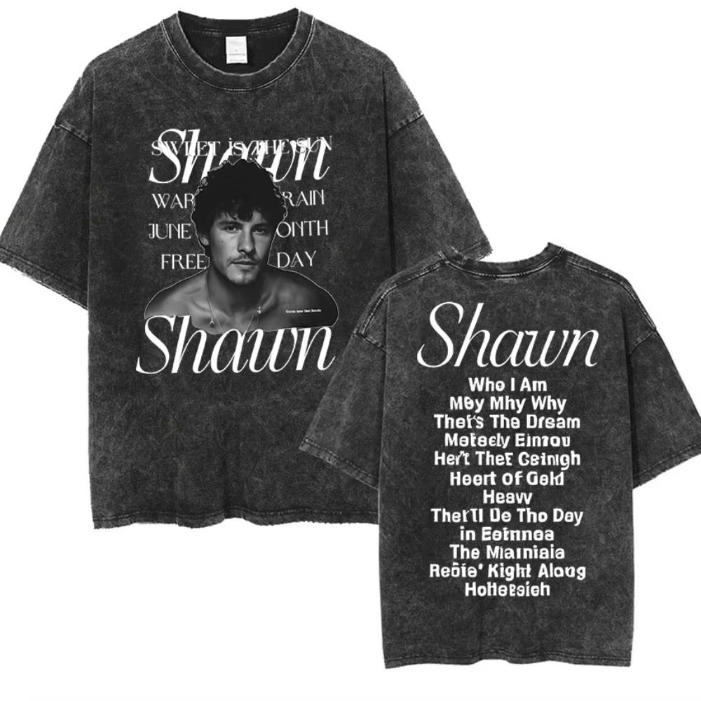 Rapper Shawn Mendes Tour  Album Vintage Washed Tee Shirt Mens Hip Hop Oversized Tshirt Fashion High Quality Cotton T Shirts