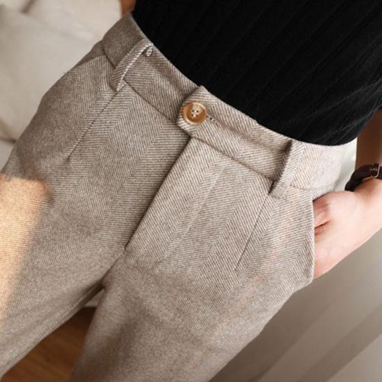 Осенне-зимние женские брюки с высокой талией, застежкой-молнией, ширинкой в елочку, шерстяные костюмные брюки, однотонные длинные брюки с карманами