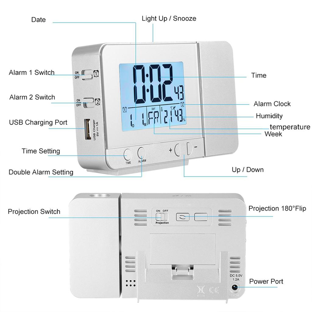 LED Multifunction Projection Digital Alarm Clock Temperature USB (Silver)
