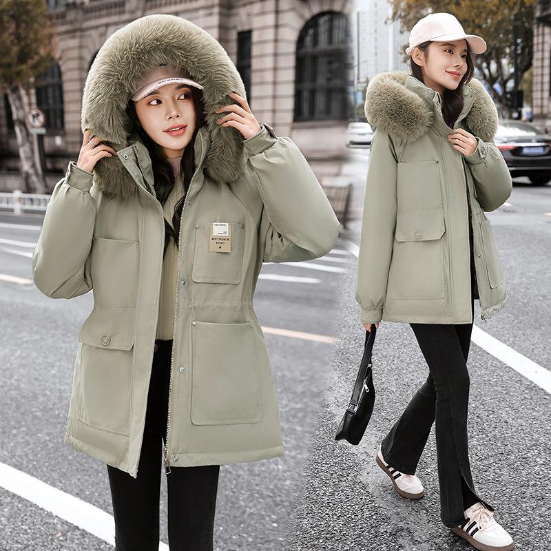 Pie Overcome Women's Winter New Korean Version Waist Thin Hooded Big Fur Collar Velvet Cotton Jacket Cotton Coat