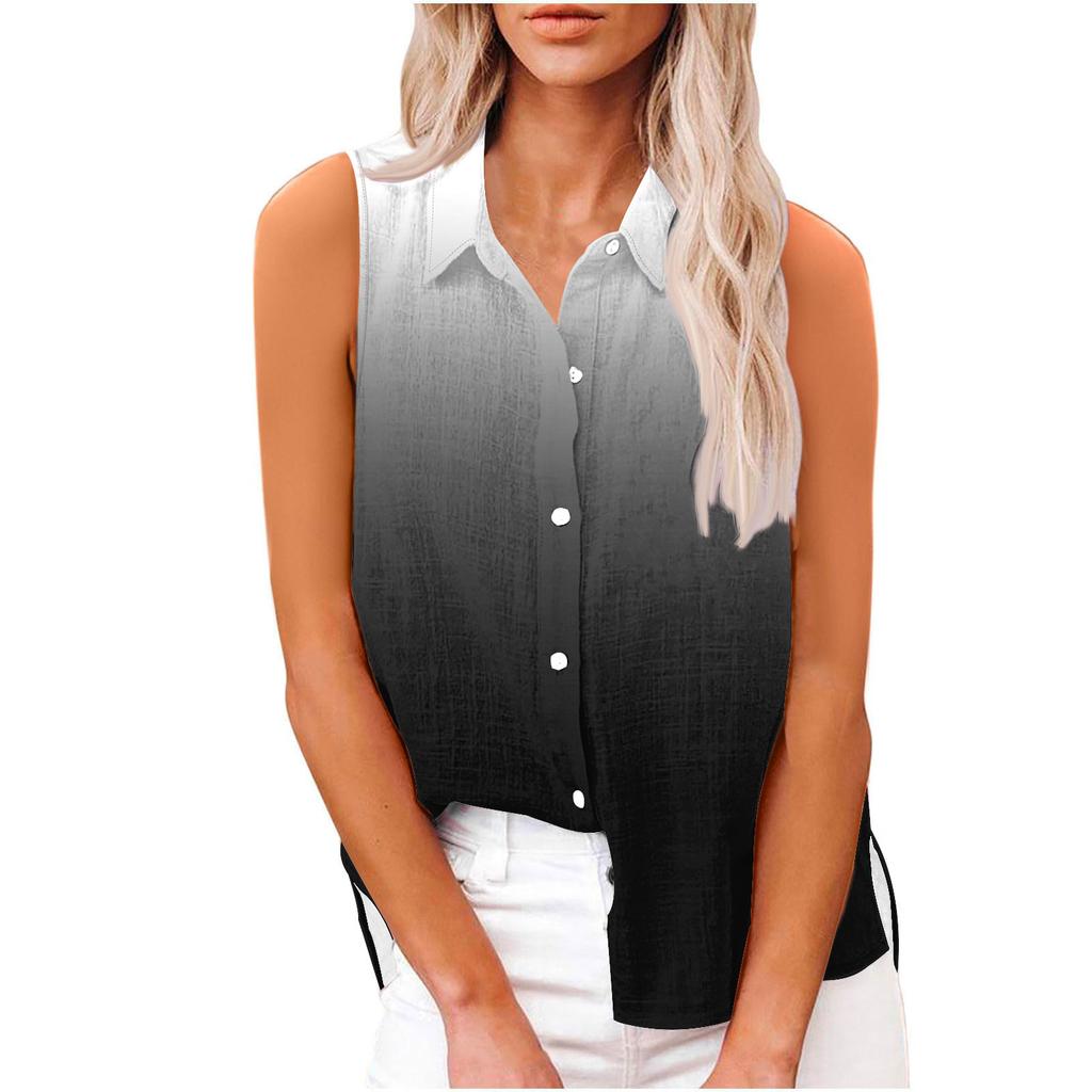Women's Fashion Casual Printed Sleeveless Cardigan Button Down Shirt T-Shirt Top