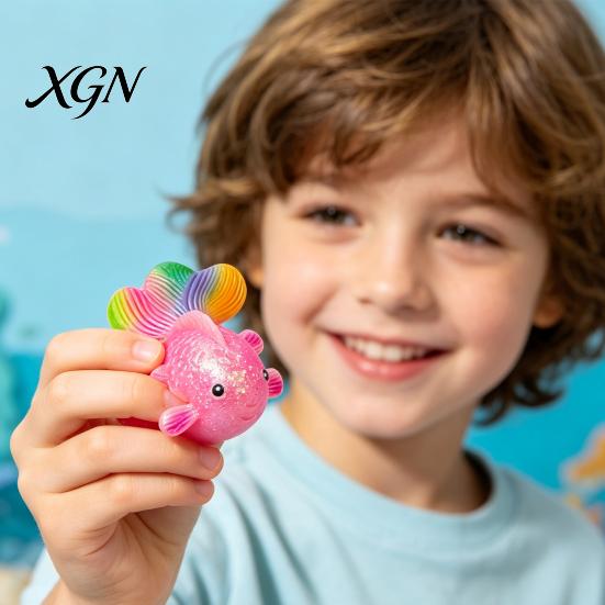 Anxiety Relief Toy Rainbow Tail Goldfish Squeeze Stress Clear Glitter Fish Sensory Portable Reliever Soft Stretchy Shape Home Office Desk Ball