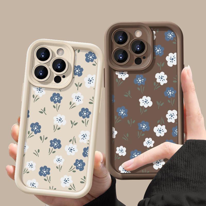 Синий с белыми мелкими цветами Силиконовый чехол для iPhone 15 16 Pro Max 14 13 12 11 Pro Max 7 8 XR XS SE Ударопрочный Мягкий ТПУ Чехол для телефона