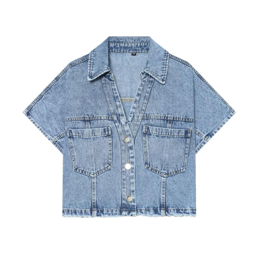 European and American style, wholesale women's clothing, fashion denim short shirt + double-placket denim skirt pants 1416034